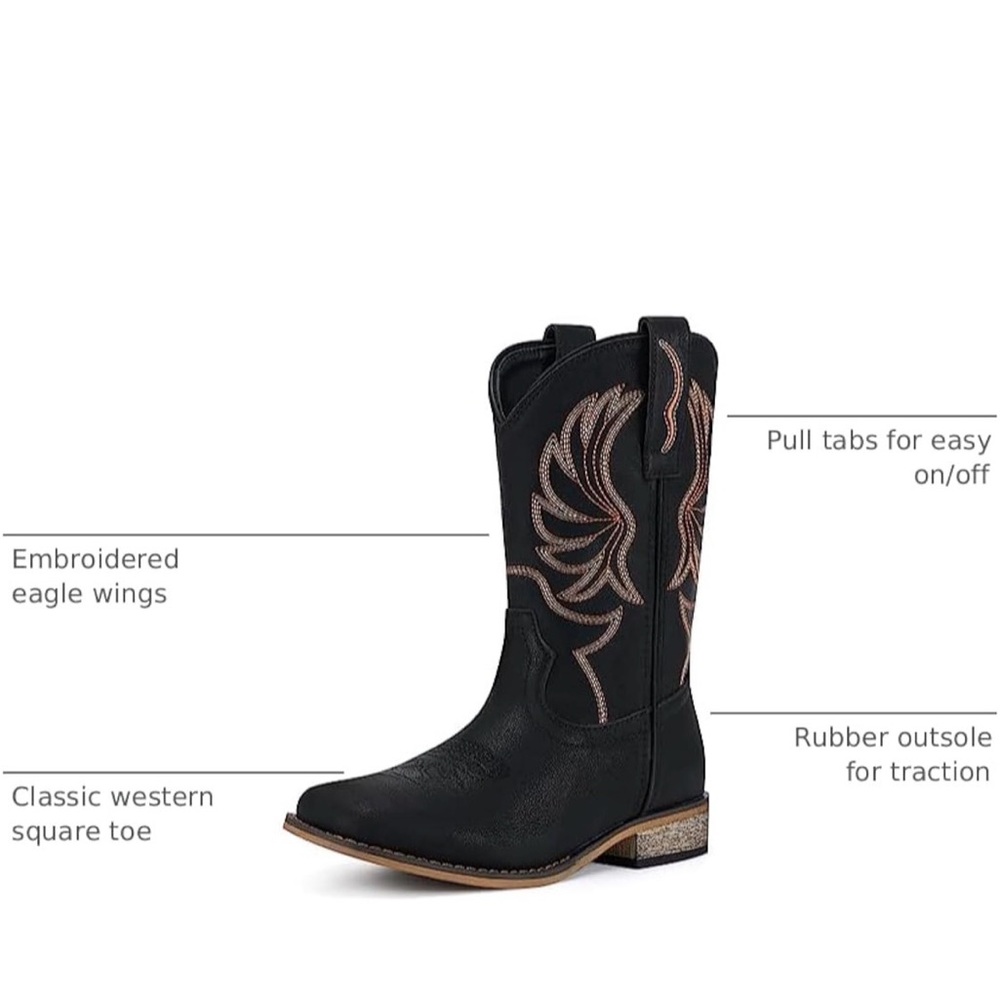 Kids Black Western Embroidered Square-Toe Boot